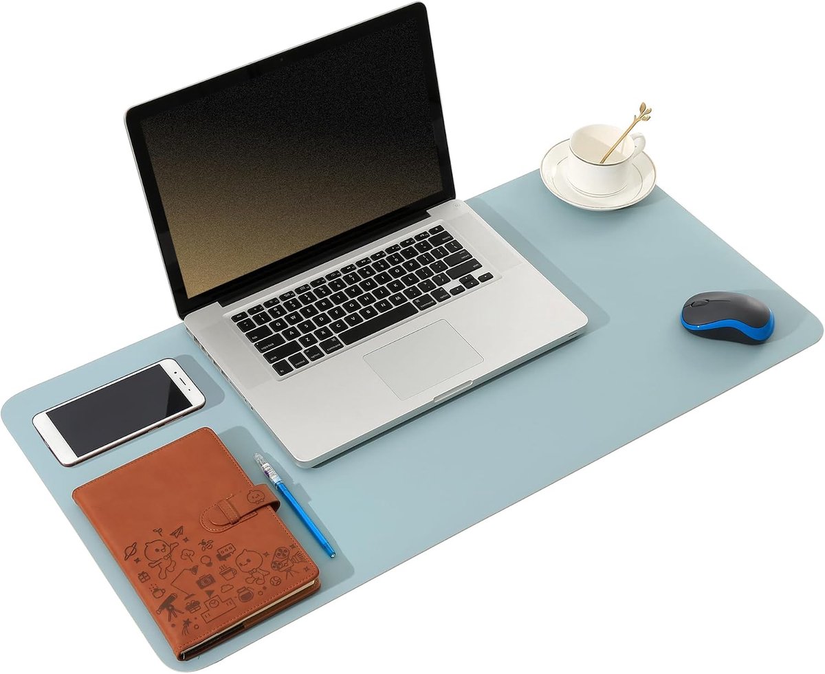 bureauonderlegger dubbelzijdig lederen computerpad ultradunne grote waterdichte muismat bureau schrijfblok voor kantoorwerk/thuis/decor (blauw en grijs, 80 x 40 cm)