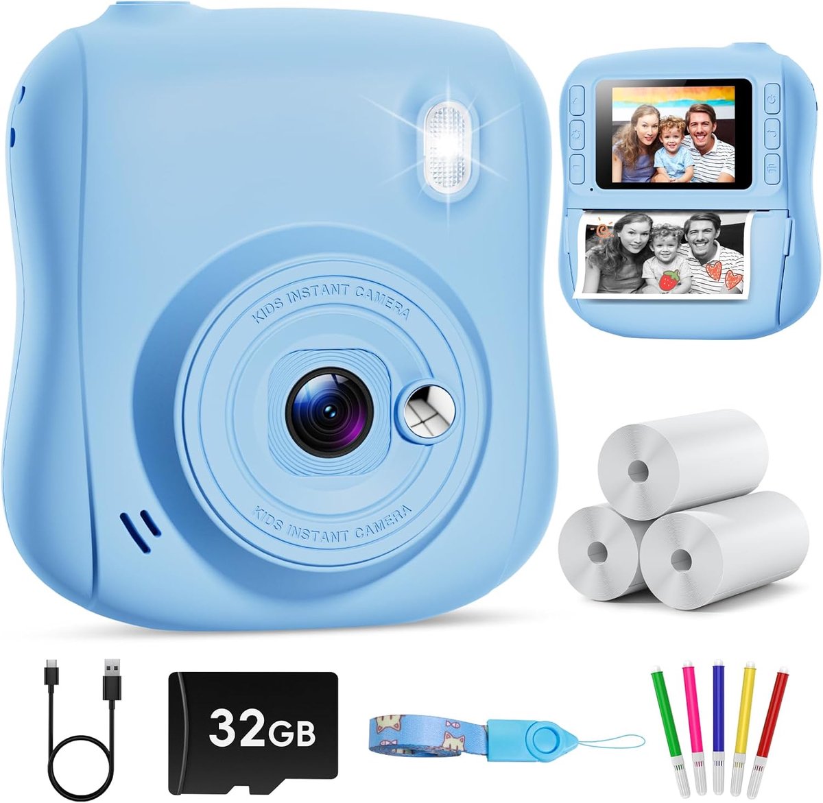 Instant camera voor kinderen, 2,0 inch (2,0 inch), instant camera voor kinderen met 32 GB kaart, 1080p digitale camera, speelgoed voor Kerstmis voor kinderen van 3-10 jaar, blauw