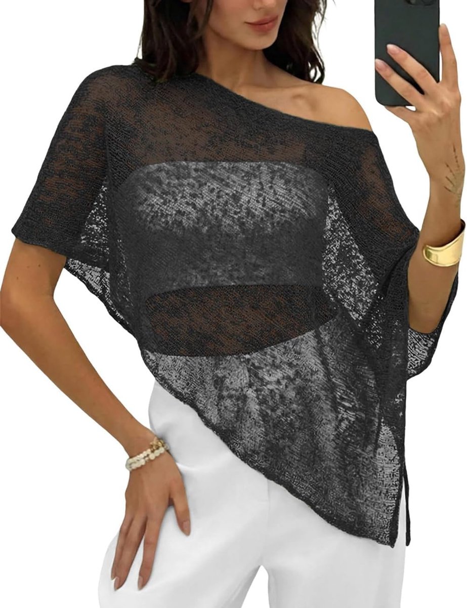 Sheer Beach Cover Ups Dames Gebreide Asymmetrische Poncho