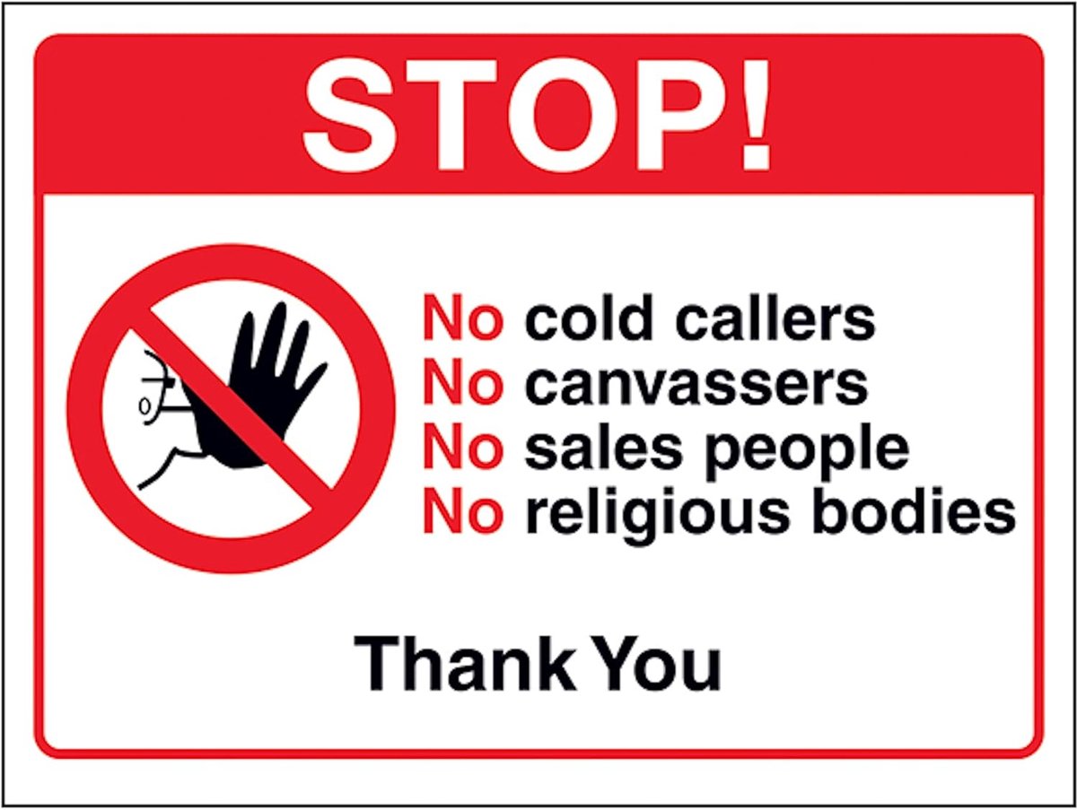 Safety Stop! Geen koude bellers, geen canvasers, geen verkoop... Bedankt 150 x 100 mm - 3 mm geborsteld aluminium composiet veiligheidsteken