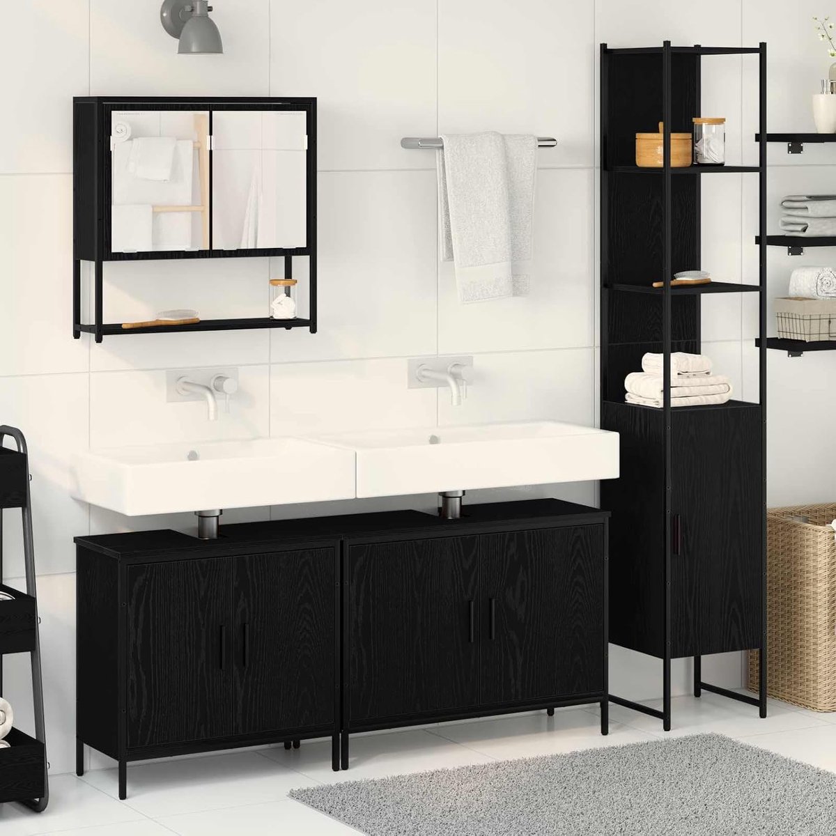 Badkamermeubelset 4 stuks zwart 33 x 33 x 185,5 cm met spiegelkast