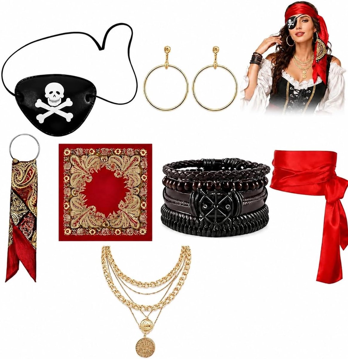 Accessoires Dames Kostuum Set, Zwart Goud, 7-Delig