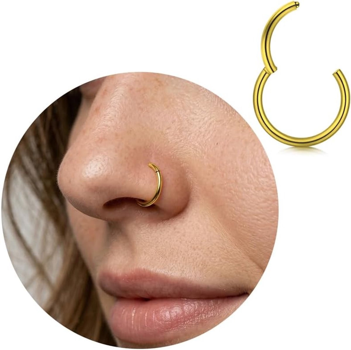 Titanium neusring, neuspiercing, ring, hoepel clicker, hypoallergene segmentring, piercing voor neus, septum, helix, tragus, conch, lip, zilver, goud, 16G, 18G, 20G, dikte & 6 mm, 8 mm, 10