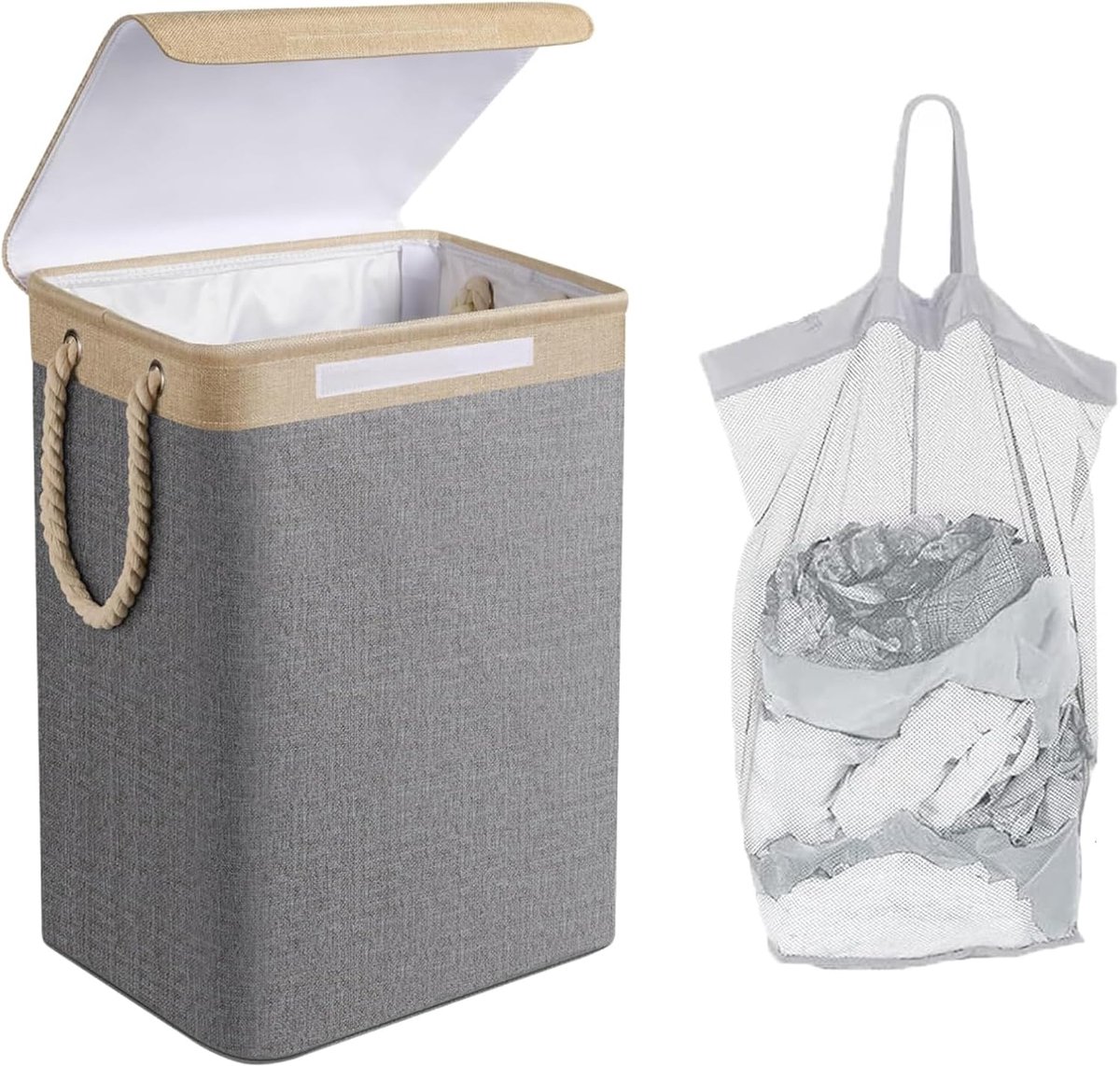76L opvouwbare wasmand met afneembare tas, wasmanden voor wasgoed met deksel, opvouwbare kleine slanke wasmanden voor vuile kleding, wasmand met handvat voor kaki en grijs
