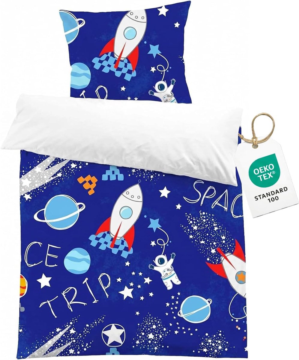 Kinderbeddengoed voor jongens 135×200 met 1 kussensloop 80×80 cm 3D Astronaut en raket patroon blauw microvezel