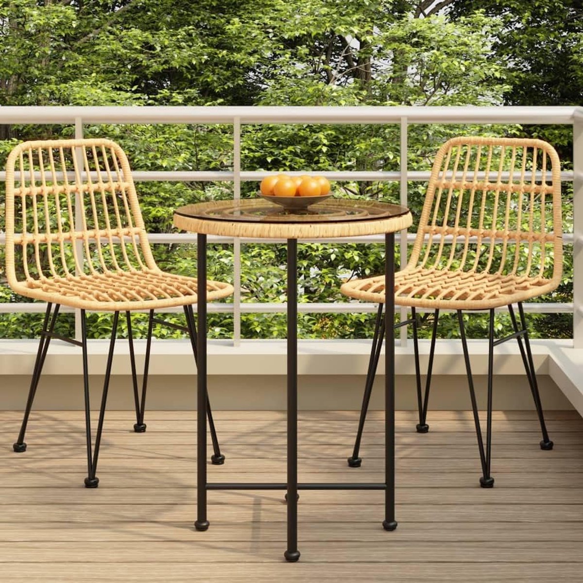 Eettafel Ø 55 cm met hardglasplaat en stalen frame, tuintafel voor terras, balkon of buiten, weerbestendige PE-rotan tafel met stabiele constructie