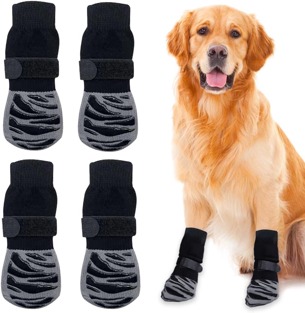 2 paar antislipsokken voor honden, pootbescherming voor binnen, schoenen met verstelbare klittenbandsluiting en siliconengel aan beide zijden, voor kleine maten (zwart, M)