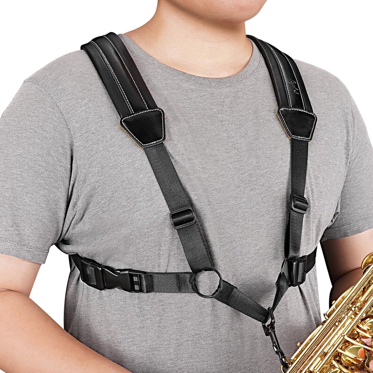 Saxofoonband, Saxofoon Harnas Schouderband, Zachte Lederen Saxhouder met Metalen Haak, Verstelbare Universele Sax Houtblazersband Ondersteuning voor Sax Alt Baritoon Tenor