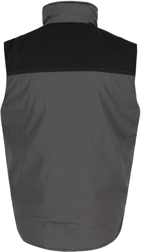 Grijze bodywarmer met zwart bovenstuk, lange rug en opstaande kraag.