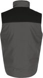 Grijze bodywarmer met zwart bovenstuk, lange rug en opstaande kraag.