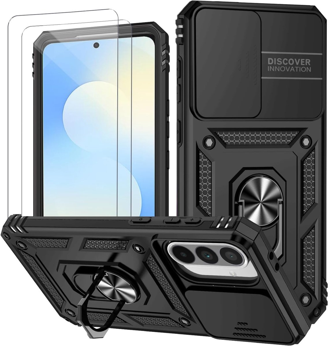 Casemania Hoesje + Glas Geschikt voor Samsung Galaxy S26 FE - Zwart - Anti-Shock Hybrid Armor Back Cover - Hoes met Kickstand Ring en Camera Bescherming + 2x Gehard Glazen Screenprotector