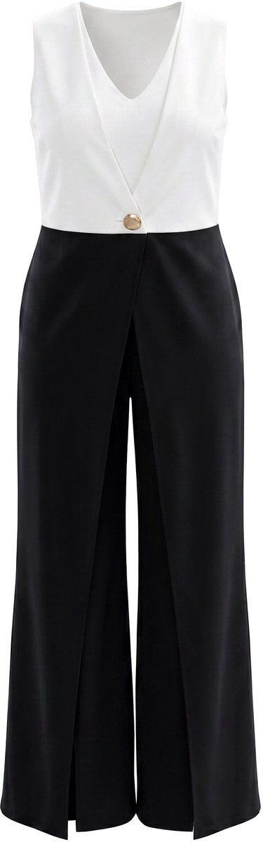 Ulla Popken - Dames - Jumpsuit V-hals broche wijde pijpen mouwloos - Sneeuwwit - Maat 50