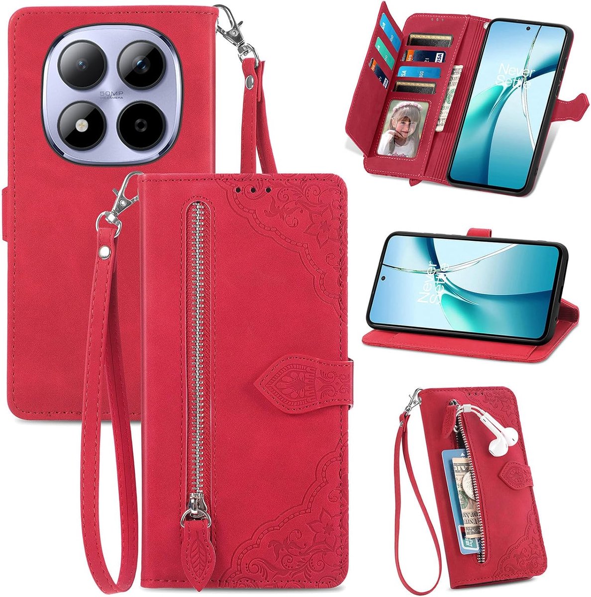 Hoes voor Xiaomi Redmi Note 15 Pro 5G, PU-lederen telefoonhoes, inklapbare flip case tas met kaartenvak, magneet, standaard en polsband, bloemenpatroon, beschermhoes, stootvast, rood