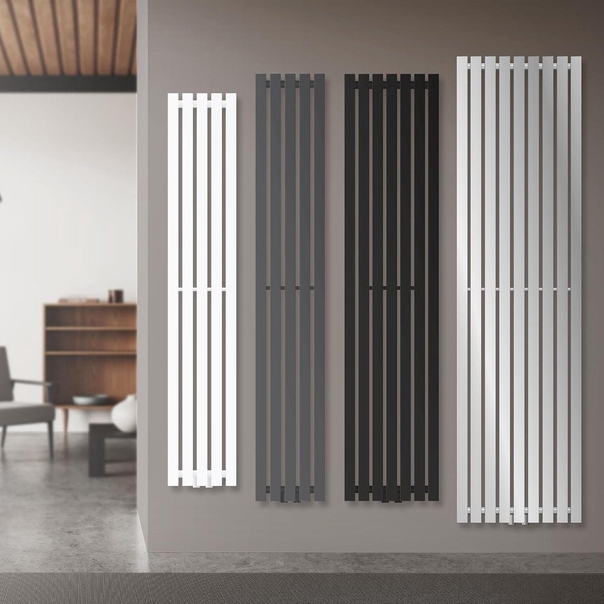 Badkamerradiator Stella 480x1600 mm Antraciet, Middenaansluiting Onderaan, Plat Design Verticale Panelen Enkellaags, Warmwater Verwarming Wandmontage Warmteafgifte Hoogwaardig Staal Design