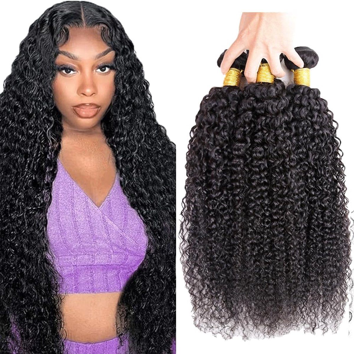 #1B Natural Black Color Human Hair Bundles Menselijke Haarverlenging Curly Wave Glueless Knotless Double Weft Weave Human Hair Extension 3 Bundle 300g For Women 14 14 14 Inch