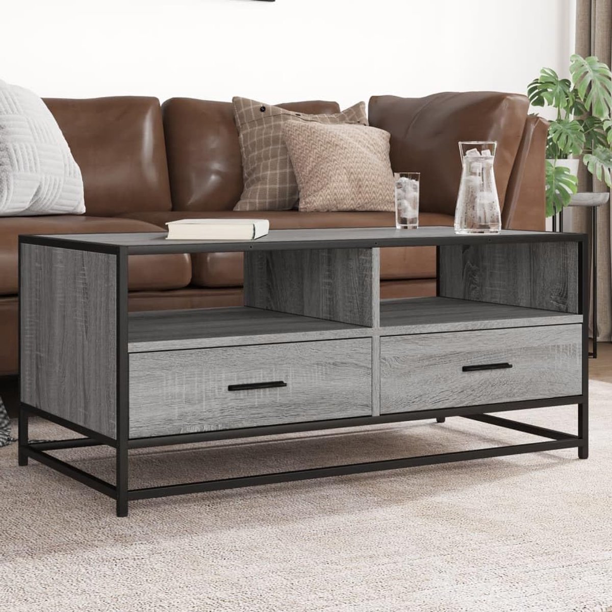 grijs Sonoma 100x50x45 cm houtmateriaal en metaal met metalen frame industriële stijl bijzettafel koffietafel opbergruimte
