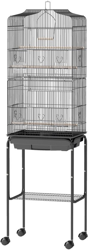 Vogelkooi op standaard - volière op wielen - openklapbaar dak - 3 zitstokken - onderste plank - 46,5x36x157cm - zwart