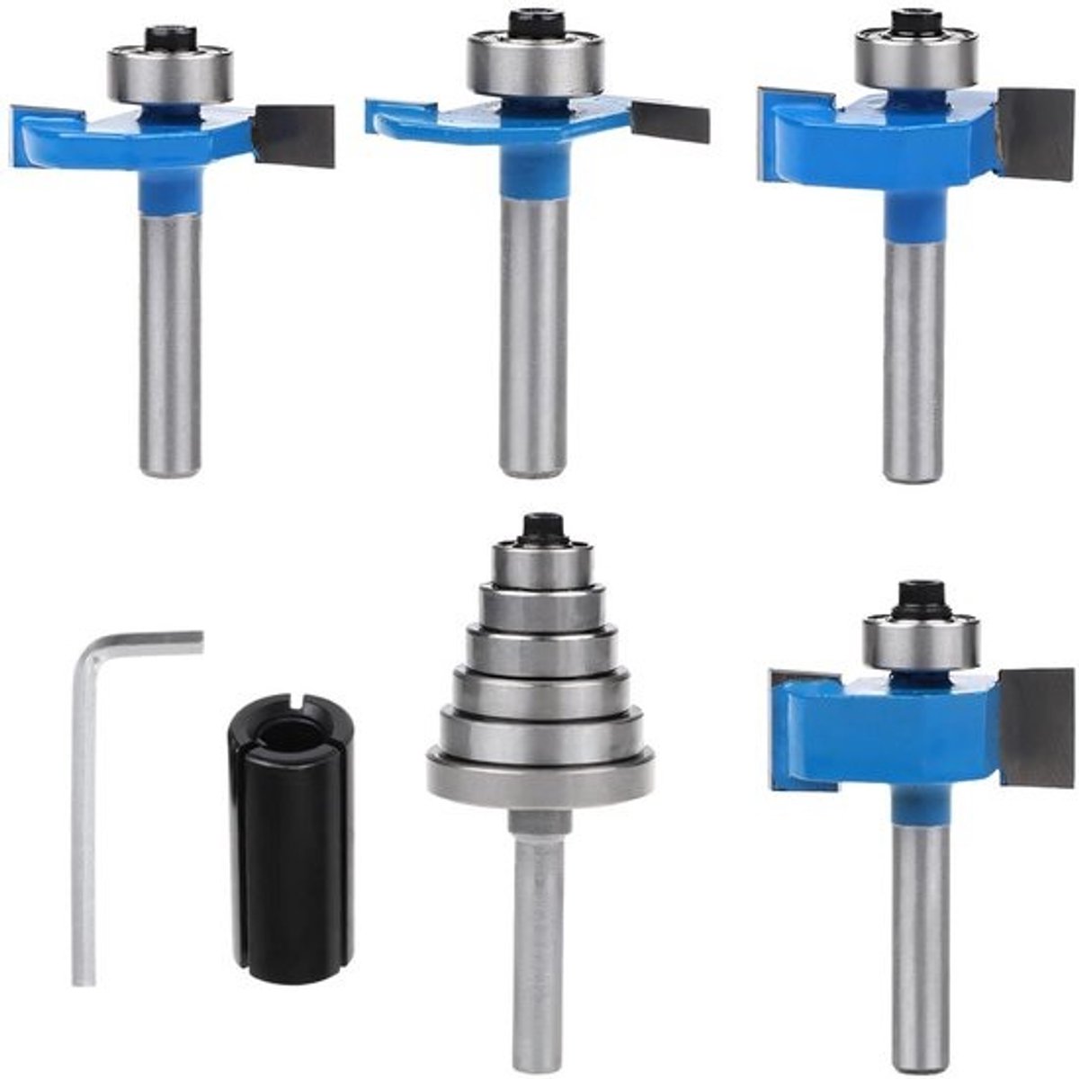 Professionele 7-delige freesbitset met lagers, 1/4 inch schachttrimgereedschap voor houtbewerking, opbergkoffer voor houtbewerkingsprojecten en kastrandvorming