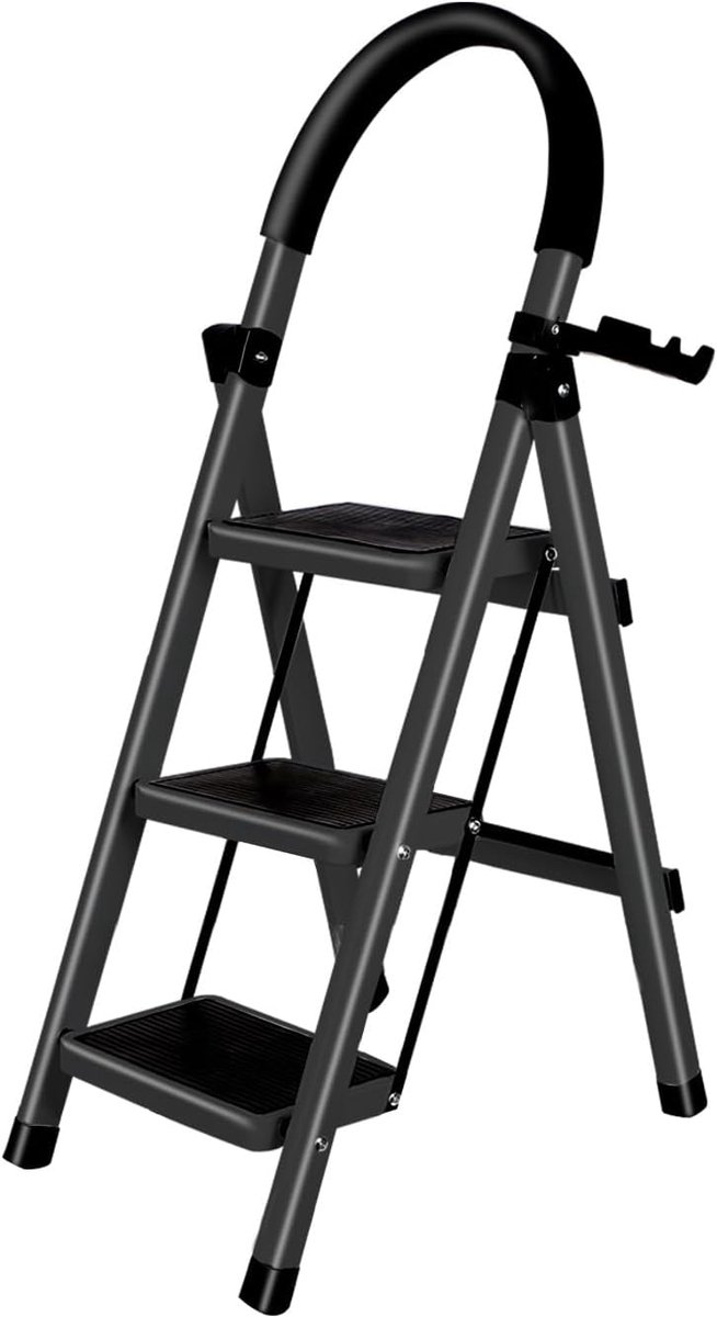 Vouwladder met 3 treden, antislip, van koolstofstaal, licht, ideaal voor keuken en thuis (zwart)