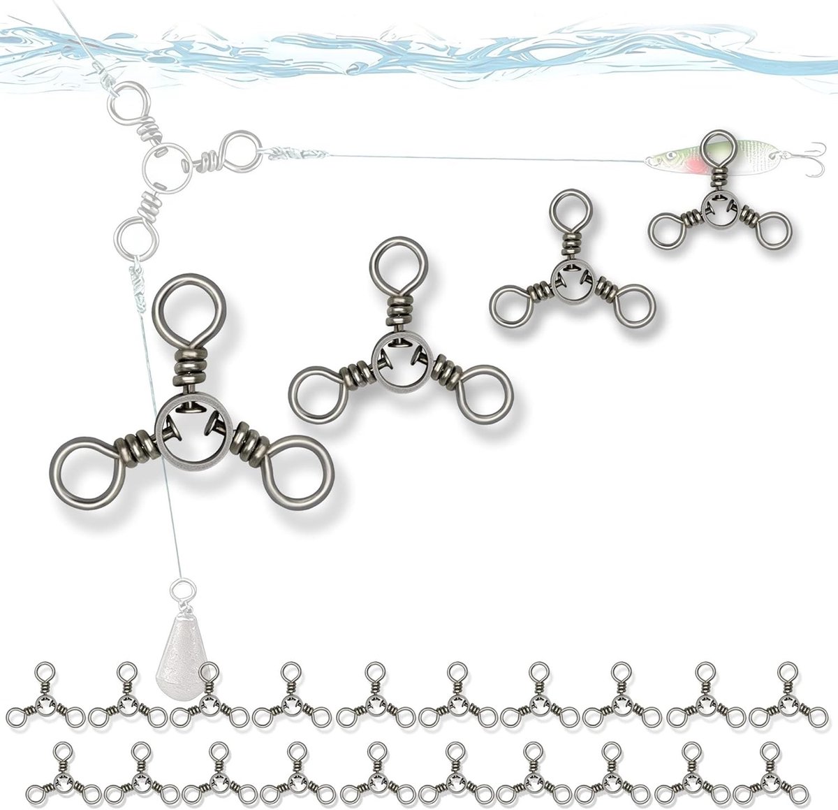 40-delige RVS 3-Weg Swivel Joint Set voor Catfish en Shad Vissen, 4 Maten, Belastbaarheid tot 36kg, Perfect voor Zeevisserij en Zoetwatervissen