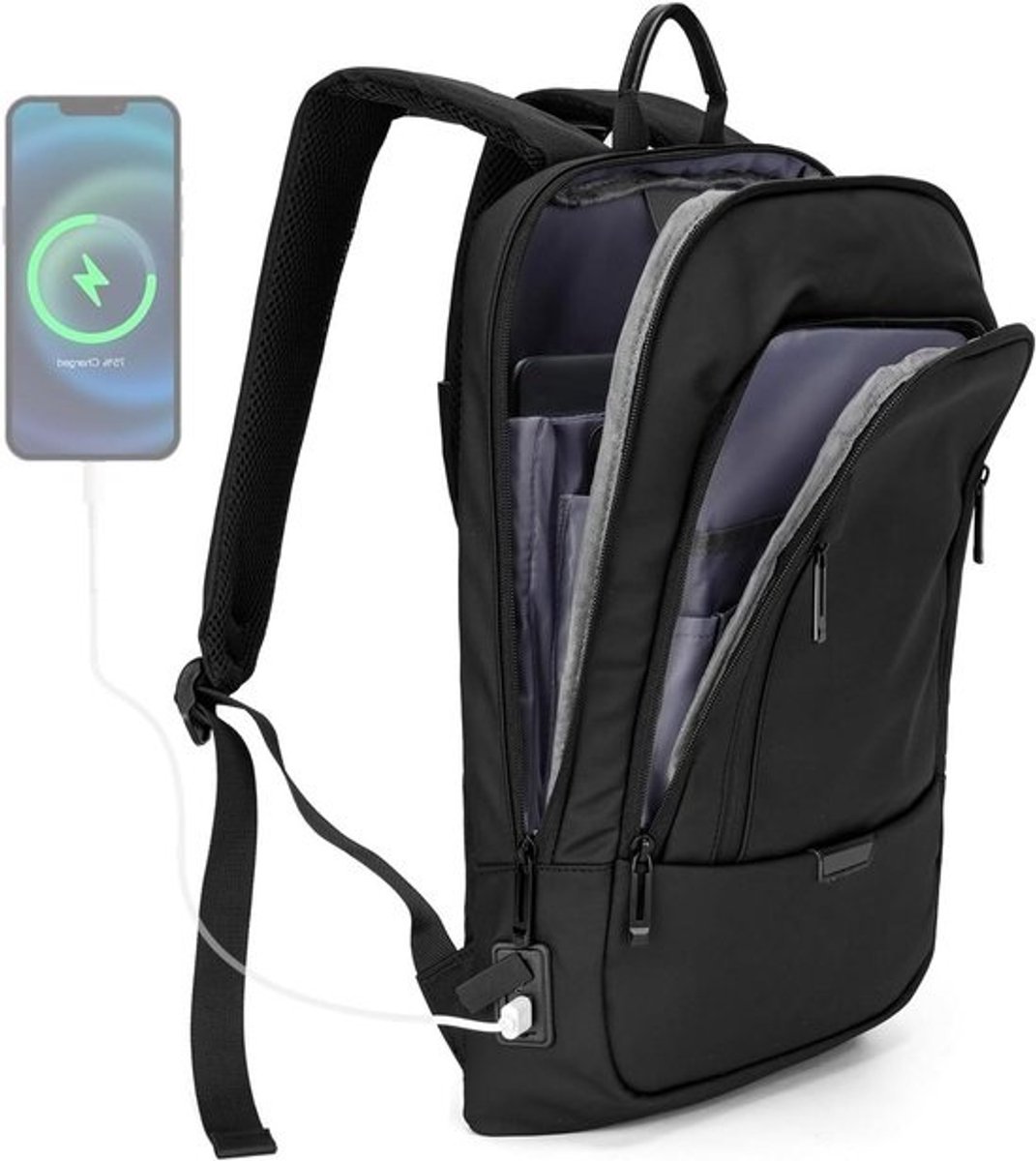 Herentas Rugzak - Zakelijke Rugzak - Reizen en Werk - Geïntegreerde USB Poort - Past 15.6 Inch - Zwart