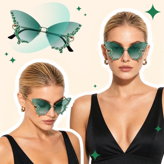 Zonnebril Dames - Randloze Vintage Rimless Sunglasses met Steentjes - Festival Accessoires voor Dames incl. Brillenzakje - Emerald Groen van Zonnebril Dames — afbeelding 5