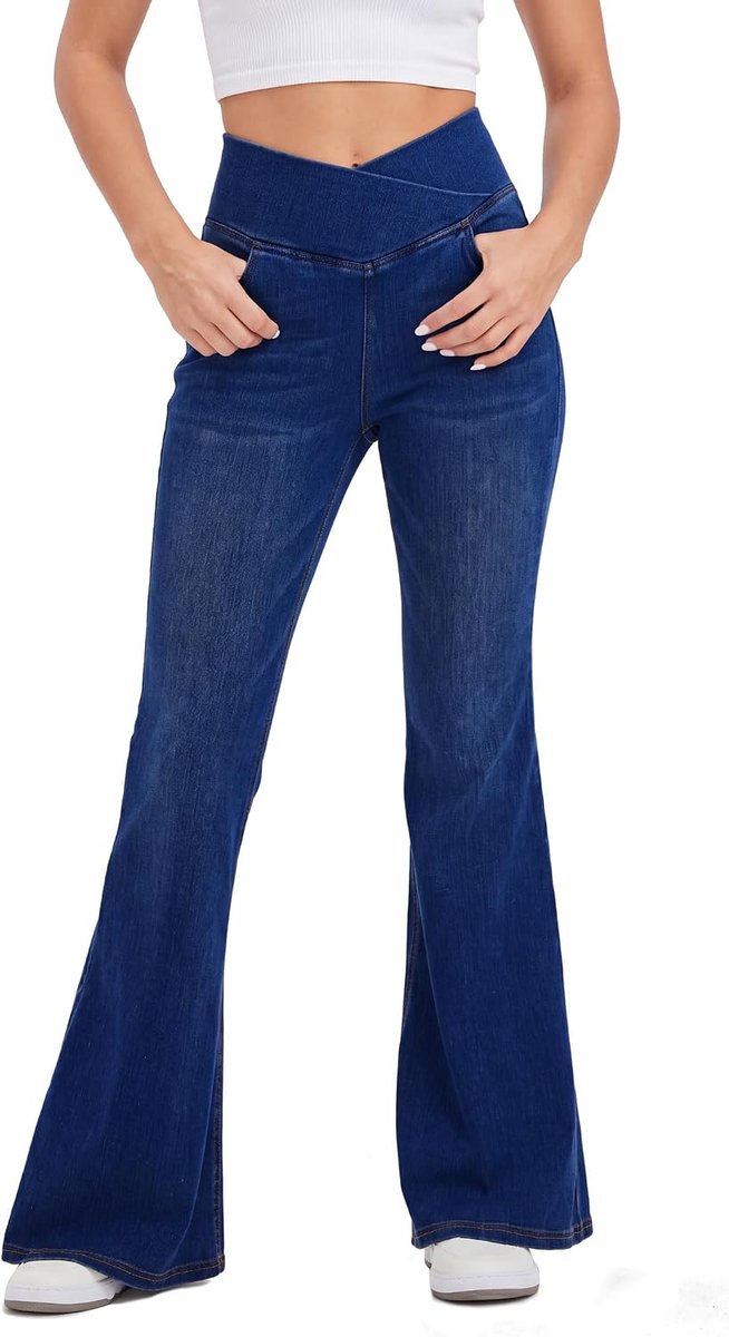 Jeans met V-kruising hoge taille, casual skinny yogabroeken.Spijkerbroeken met marmerwasbehandeling,hoog elastisch en zacht materiaal. Bootcut broeken met kattenbaardeffect