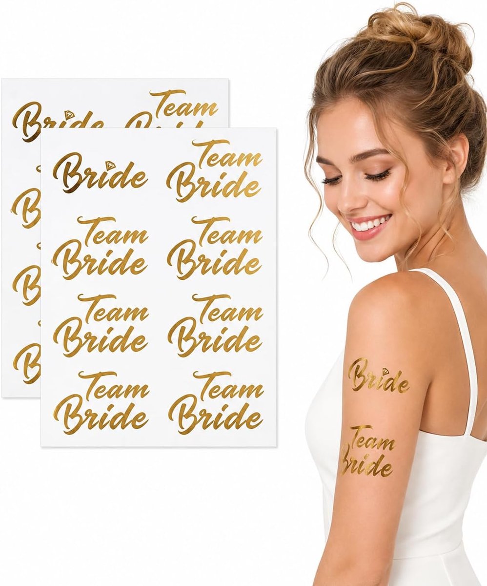 Tattoos voor dames, goud, 16 Team Bride tatoeages (2 vellen) tijdelijke tatoeages bruiloft, huidvriendelijke en waterdichte decoratieve accessoires voor vrijgezellenfeest