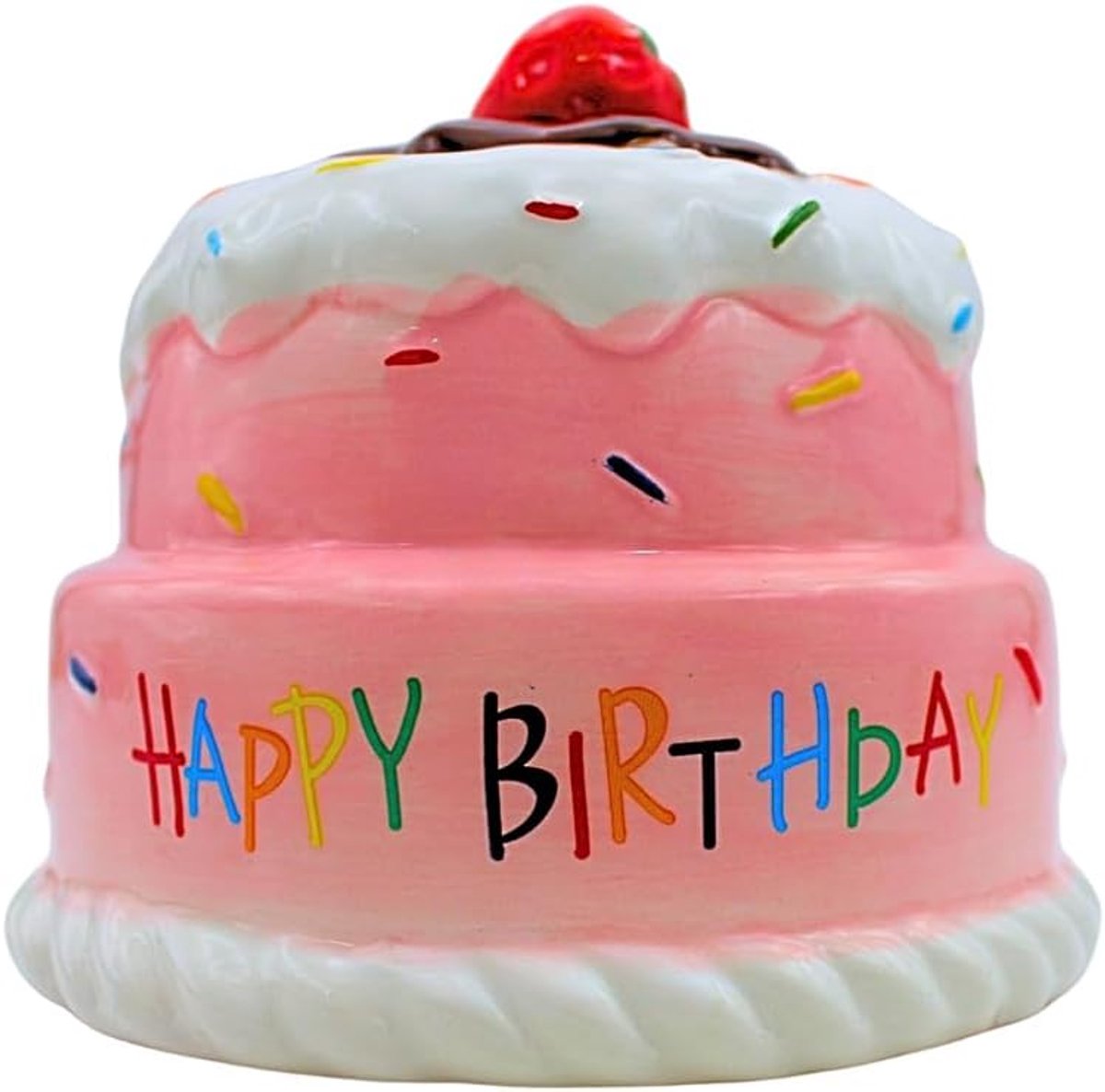 Spaarfiguur, spaarpot, spaarpot, spaarpot voor kinderen, spaarvarken als taart, Happy Birthday-taart met spaarfunctie van keramiek in roze, 12 x 12 x 12 cm (l x b x h).