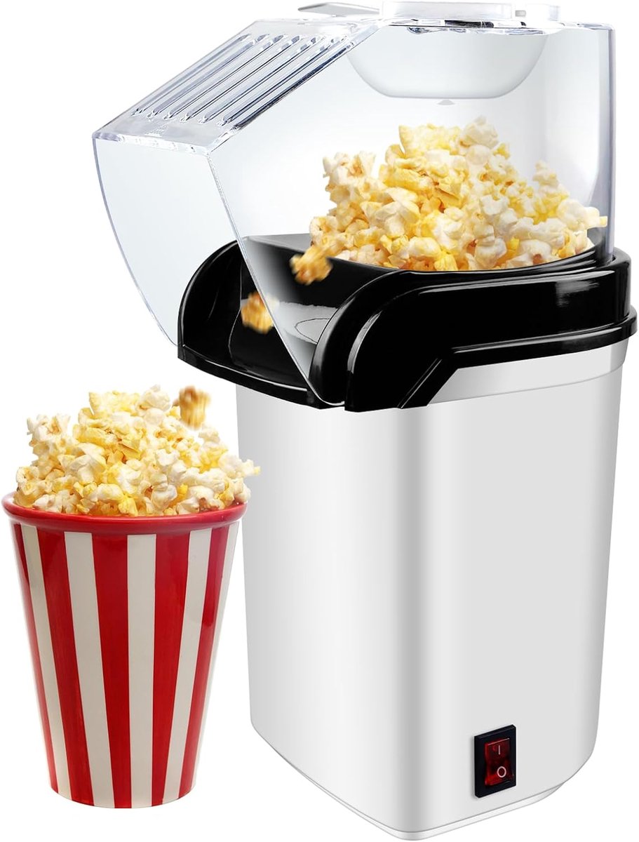 Popcornmachine, mini-popcornmaker, elektrische popcornmachine, voor thuis, 2 minuten snel, vetvrij, olievrij, krachtige 1200 watt voor feestjes, filmavonden, thuisbioscoop (wit)