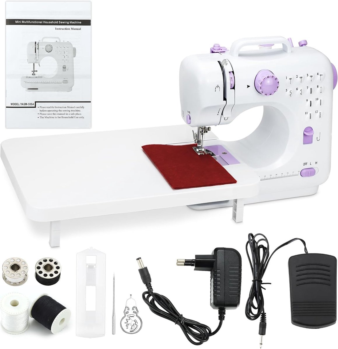 handnaaimachine met verwisselbare tweelingnaald, 12 steken, snelheidsregeling, complete set met 20 vierkante stofjes, voetpedaal voor beginners, DIY & reparaties (Paars)