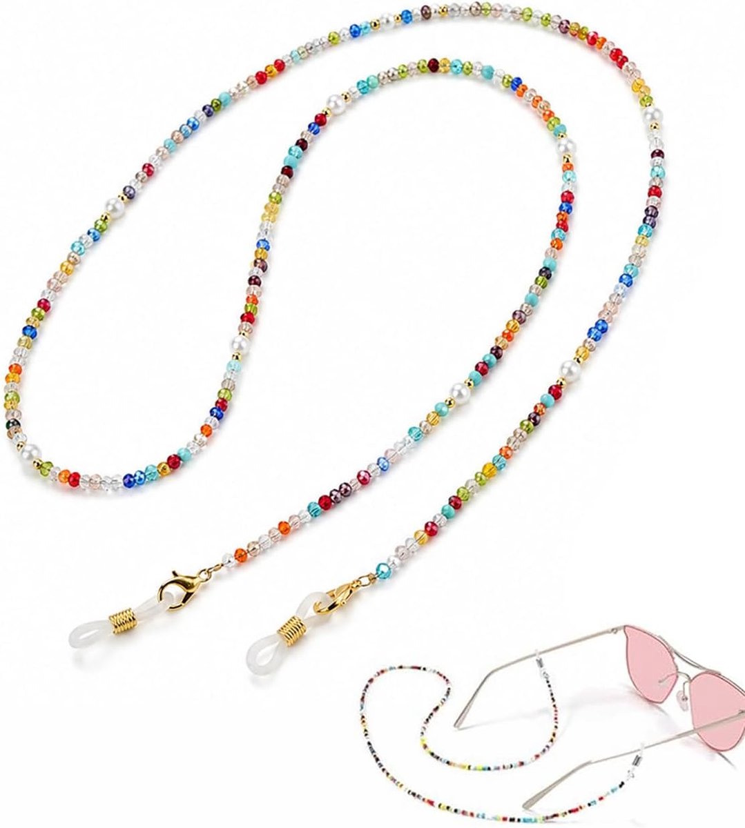 Brillenketting voor dames, 1 stuk kleurrijke kristallen kralen, modieuze brillenriem voor lezen en zonnebril, antislip en anti-verloren, inclusief zachte fluwelen tas