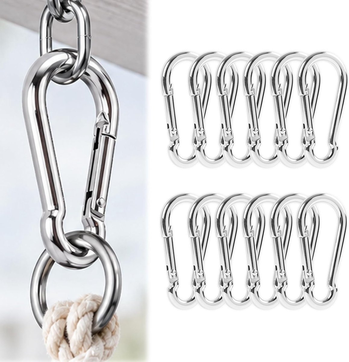 12 stuks karabijnhaken van roestvrij staal, 6 x 60 mm, veerkarabijnhaak voor sleutelhangers, camping, wandelen, vissen, belasting 140 kg, zilver