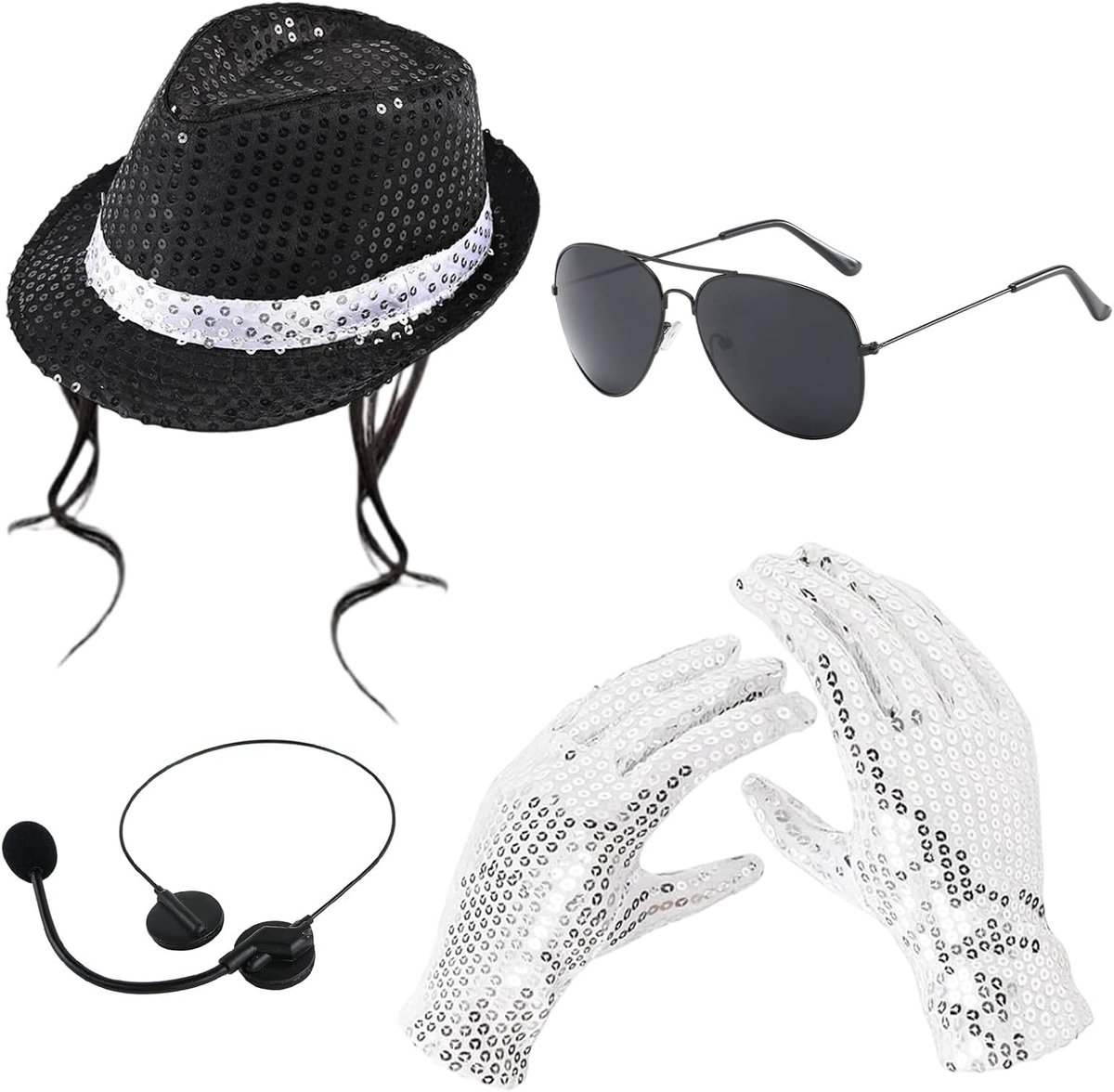 4-delige MJ-kostuumaccessoires, kostuumaccessoires in jaren 80-popsterstijl, danser-rocker-verkleedkleding, jazzhoed met pailletten, handschoen, hoofdmicrofoon en zonnebril