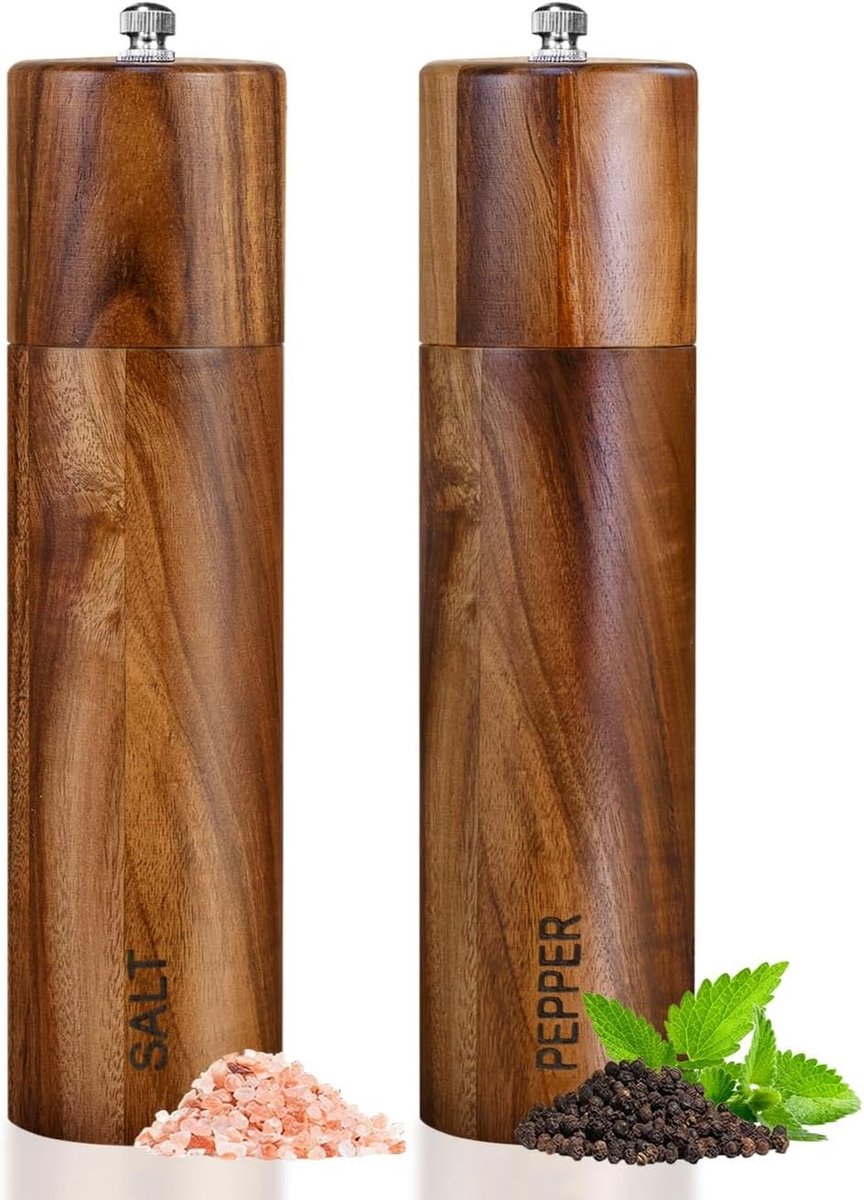 Zout- en pepermolen, hout, 2-delige set, handmatige pepermolen 20 cm, zoutmolen, kruidenmolen met verstelbaar keramisch maalwerk voor specerijen, peper, zout, in geschenkdoos