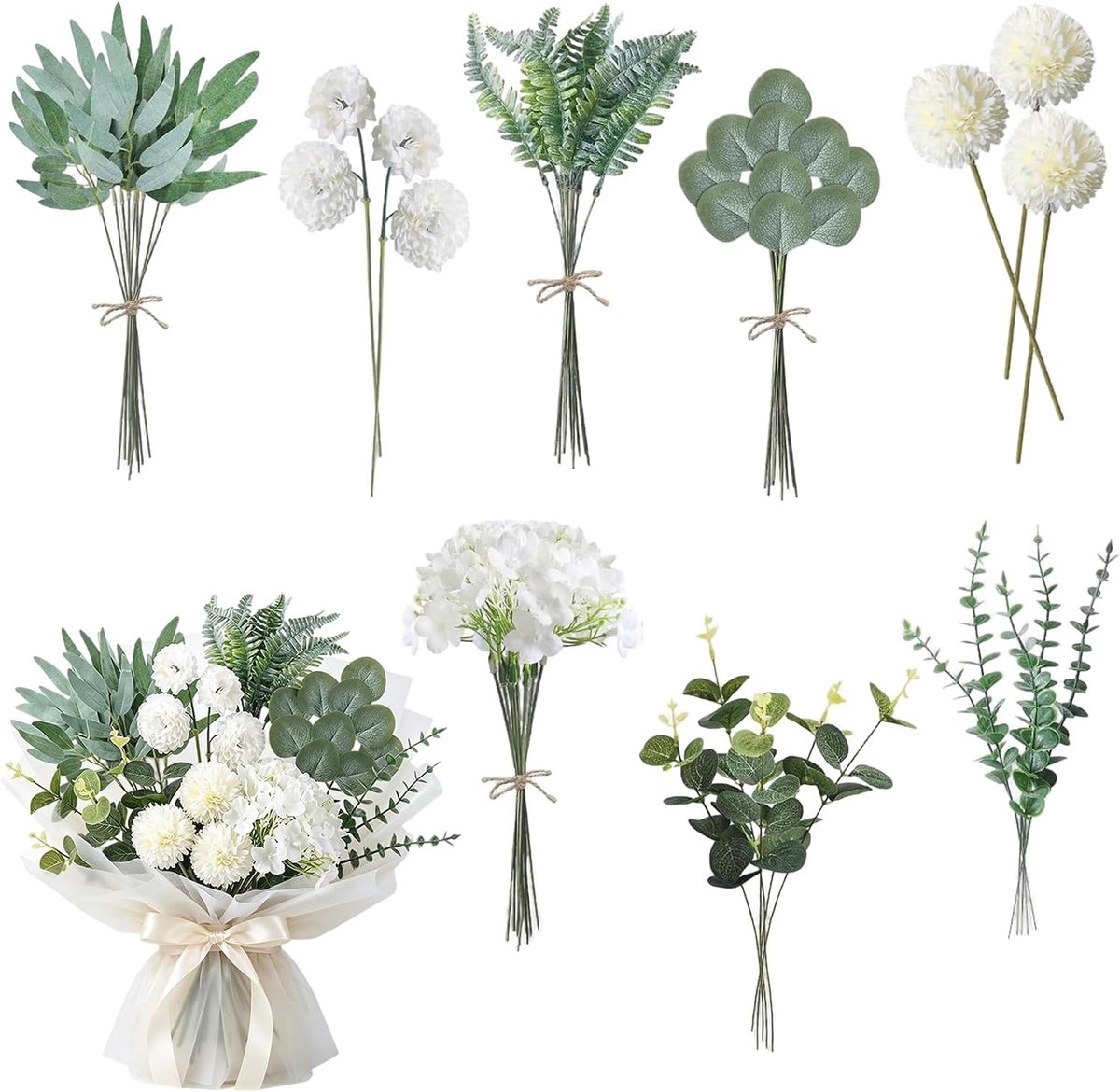 Kunstbloemen set witte zijden bloemen eucalyptus varen bruiloft