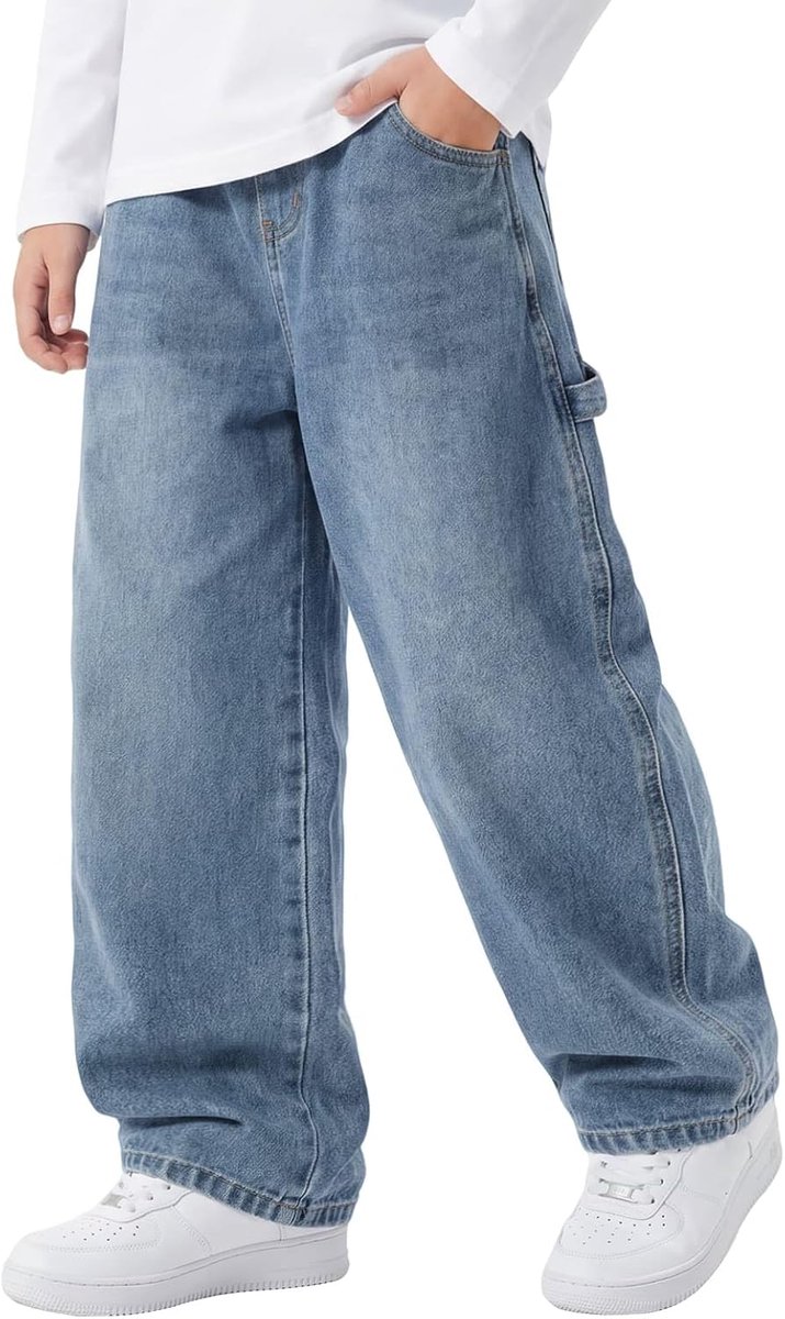 Jeans voor Jongens, Rechte Loose Fit Denim Broek voor Kinderen, Casual Jeansbroek met Wijde Pijpen, Elastische Taille en Meerdere Zakken, Streetwear Baggy Broeken voor 7-15 Jaar