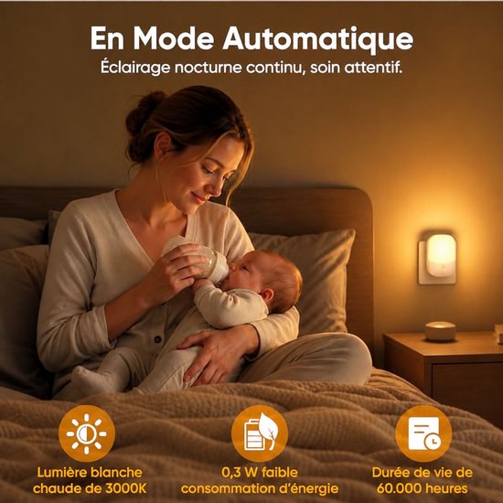 VHV - Stopcontact nachtlamp 2 stuks - 5 lichtsterktes, 3 werkstanden - Opvouwbaar - Warm geel licht - Met dag/nachtsensor - Geschikt voor baby's, kinderen en volwassenen - Dimbaar - Nachtlampje van VHV — afbeelding 4