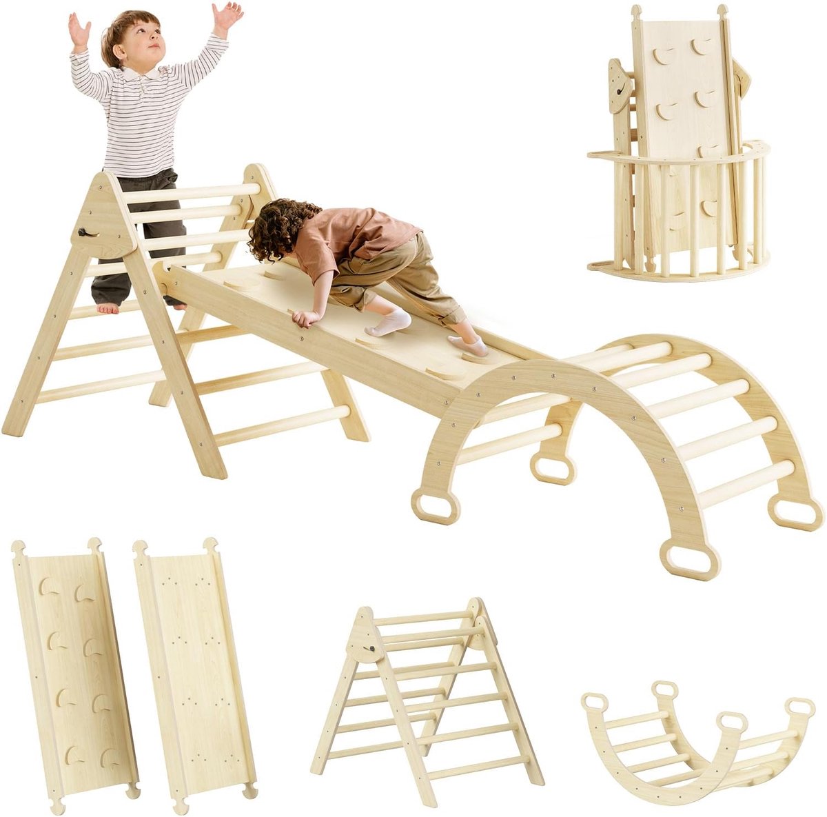 Pikler Driehoekige set, 7-in-1 opvouwbare pikler klimset hout peuter klimspeelgoed indoor klimspeelgoed voor peuters 1-3 binnen, baby indoor speelplaats jungle gym voor peuters