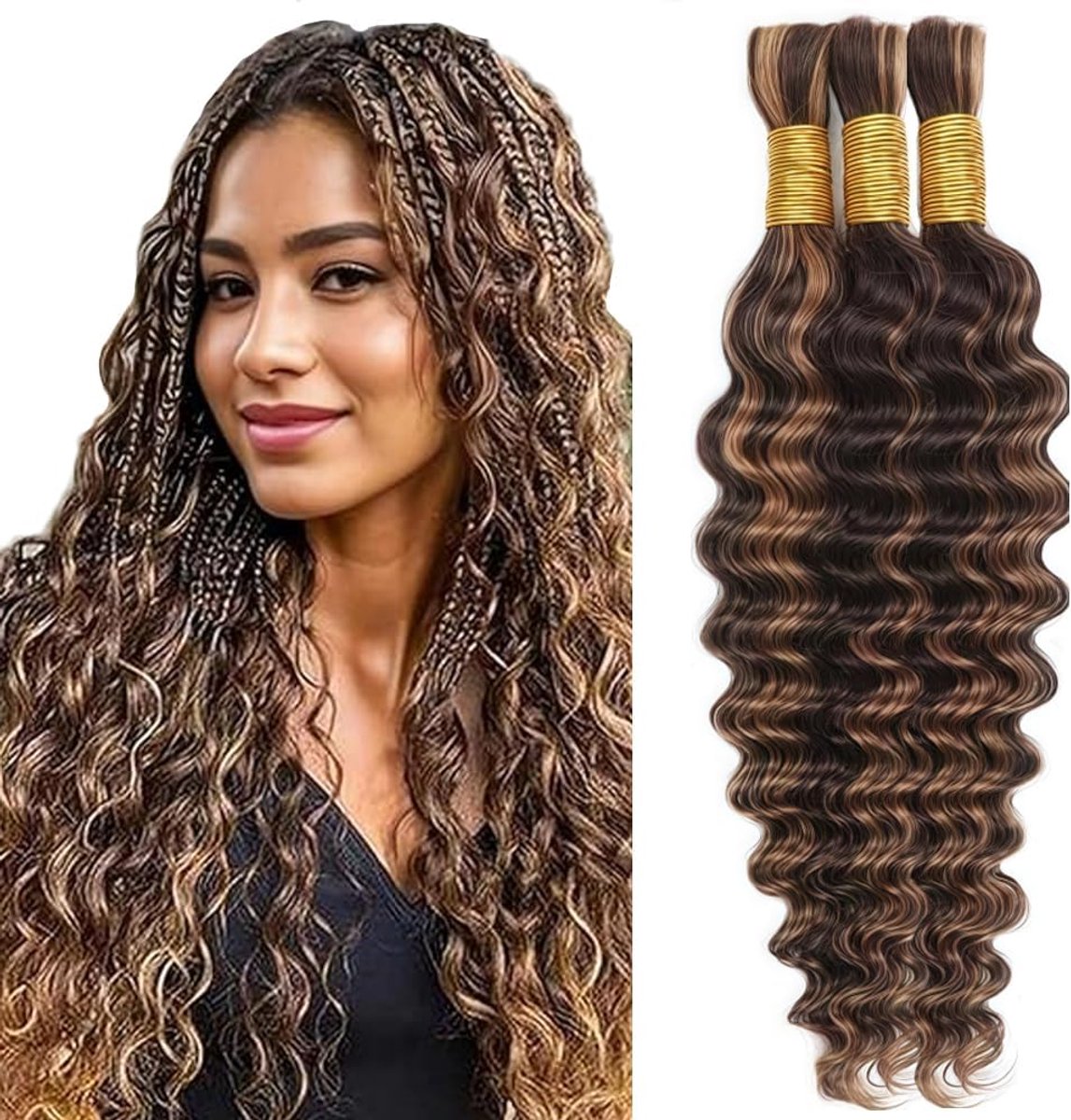 24 24 24 Inch Deep Wave Bulk hair for Braiding #4/30 Highlight Brown Menselijk haar No Weft Premium Braiding Hair Extensions for Boho Braids With Minimal Tangle 3 Bundles/Pack