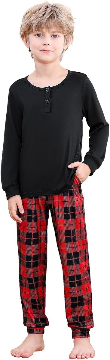 Pyjama jongens lange mouwen tweedelige pyjama met 2 zakken winter kinderpyjama set shirt met lange mouwen en geruite broek met trekkoord voor jongens 6-15 jaar