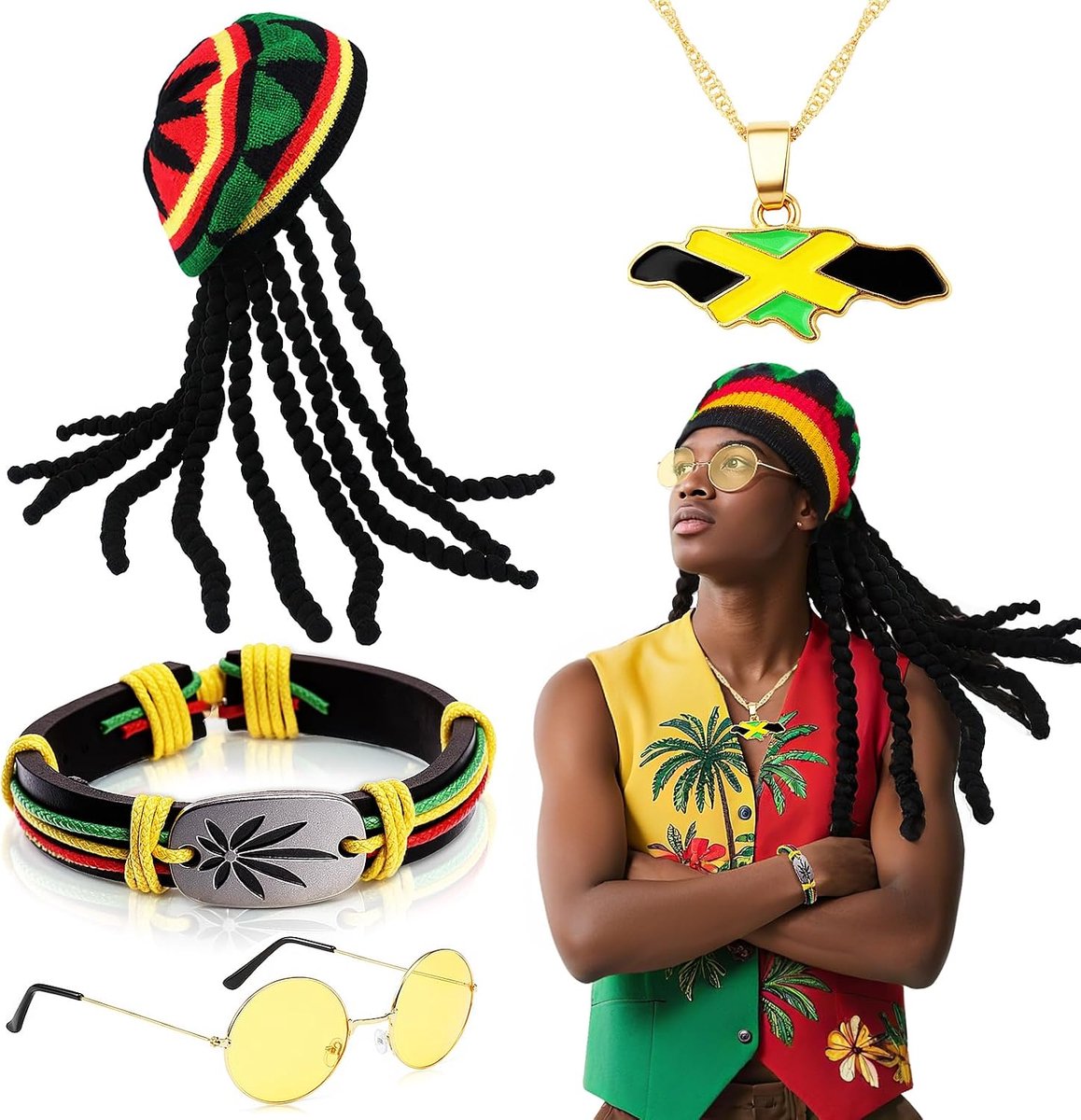 4 stuks Rasta kostuumset, Jamaica Reggae outfit kit met dreadlocks pruikkap bril gevlochten armband vlaggenhanger halsketting voor dames heren party cosplay maskerade Halloween carnaval