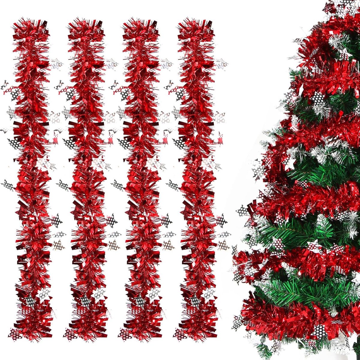 Kerstdecoratie Tinsel Slingers Rood - 4 Stuks Shiny Slingers met Sterren voor Kerstboom en Feestdagen