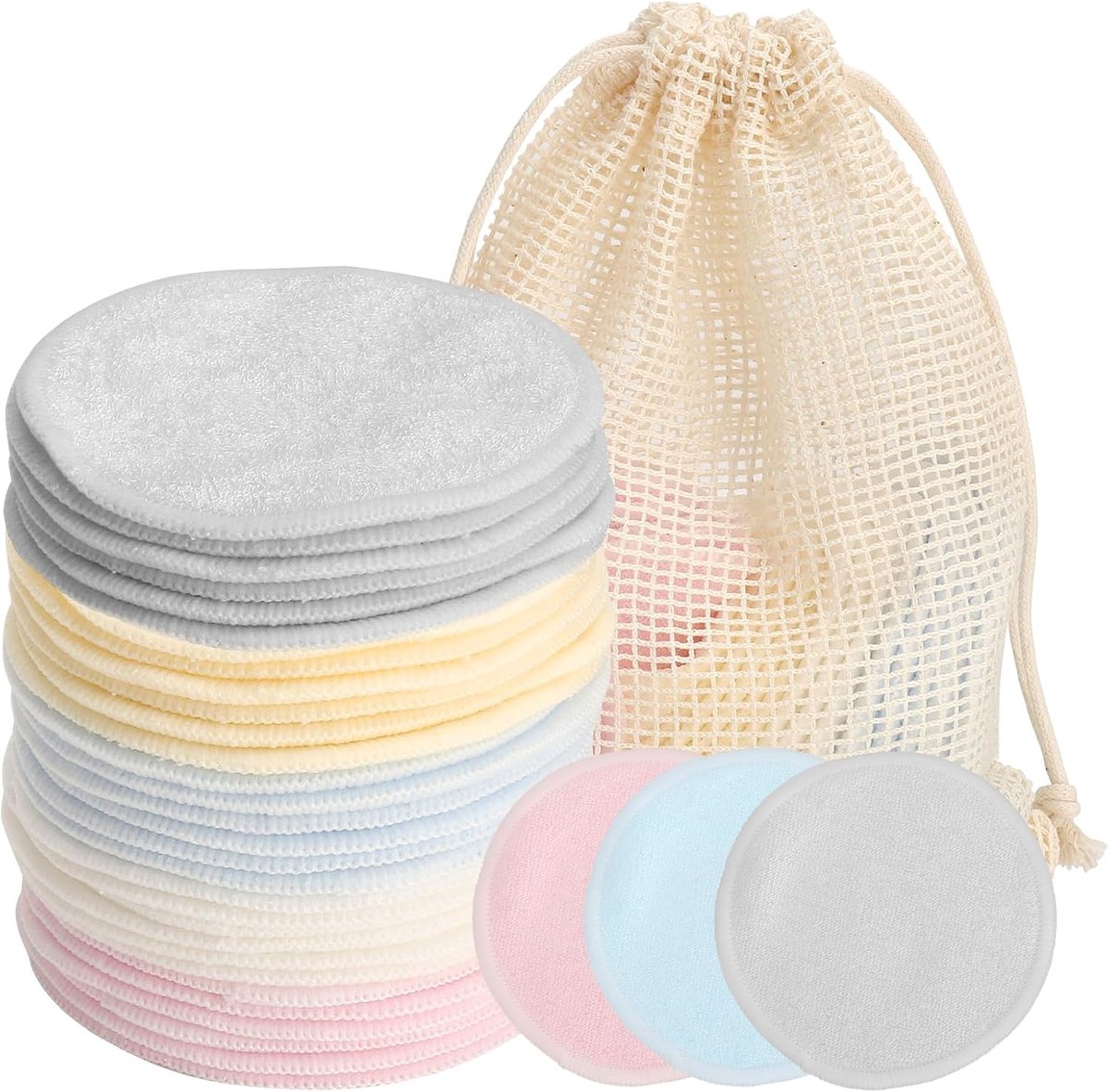 30 stuks wasbare make-uppads, wattenschijfjes, herbruikbaar, bamboevezelpads met stoffen zak, wasbare make-uppads, voor gezichtsreiniging en huidverzorging, voor alle huidtypes, 5 kleuren