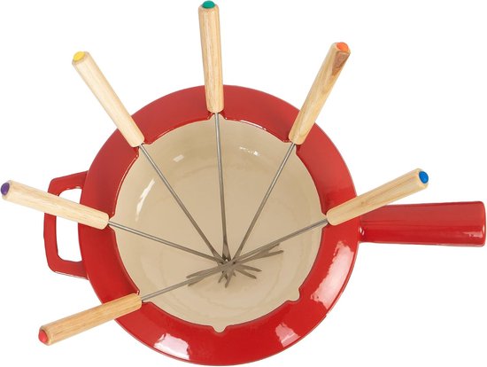 Gietijzeren fondueset voor 6 personen | 2 liter | fondueset 13-delig met brander en vorken | fondueset, kaasfondueset, vleesfondueset, chocoladefondueset (rood geëmailleerd) — afbeelding 3