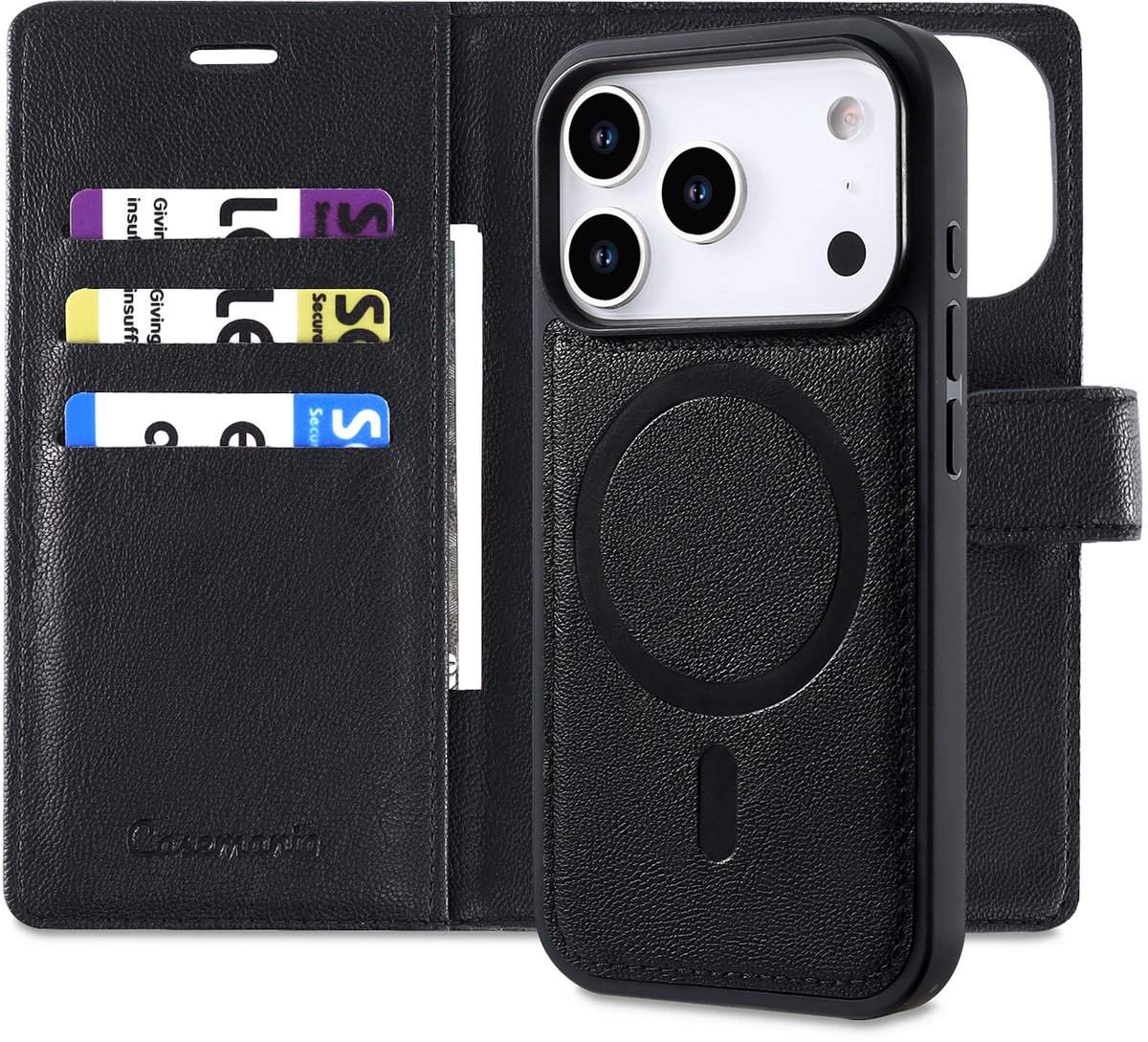 Casemania Hoesje Geschikt voor Apple iPhone 18 Pro - Onyx Black - 2 in 1 Afneembare Bookcase van Lederlook met Fijne Nerf - Geschikt voor MagSafe - Portemonnee Telefoonhoesje met Pasjeshouder en Standaardfunctie