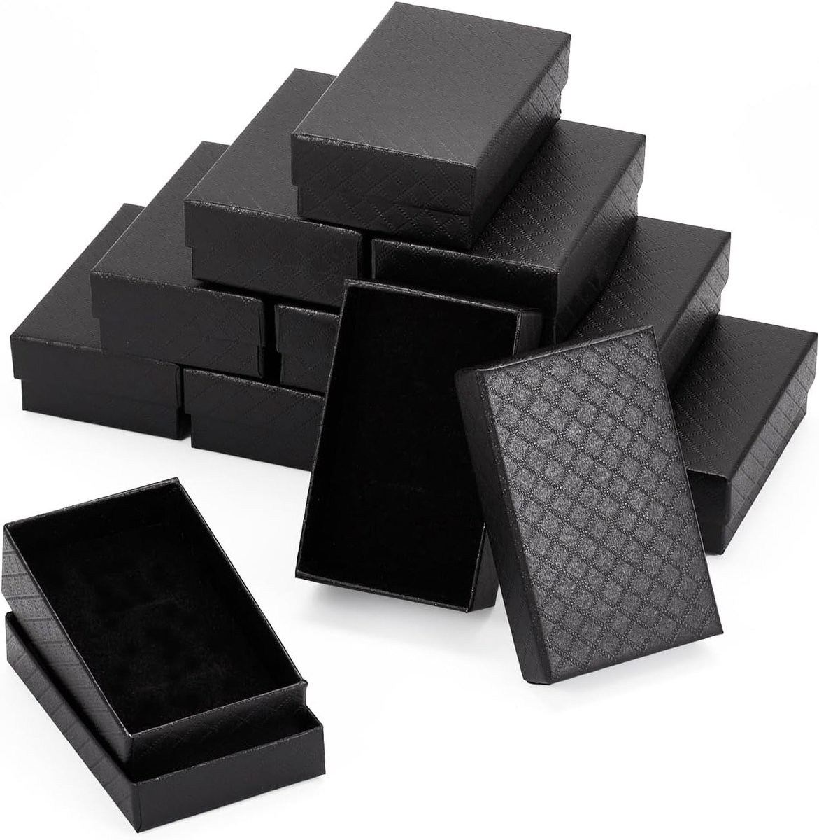 Dailygoods- Sieradendoos 12 stuks - Kartonnen Doos - Rechthoekig - Ruitpatroon - Zwart - 8,1 x 5,1 x 2,6 cm - Duurzaam met Spons - Juwelendoos