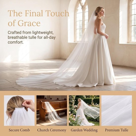 Langere bruidssluier van 300 cm met 2 lagen en kam voor een elegante bruiloft en perfecte look — afbeelding 2