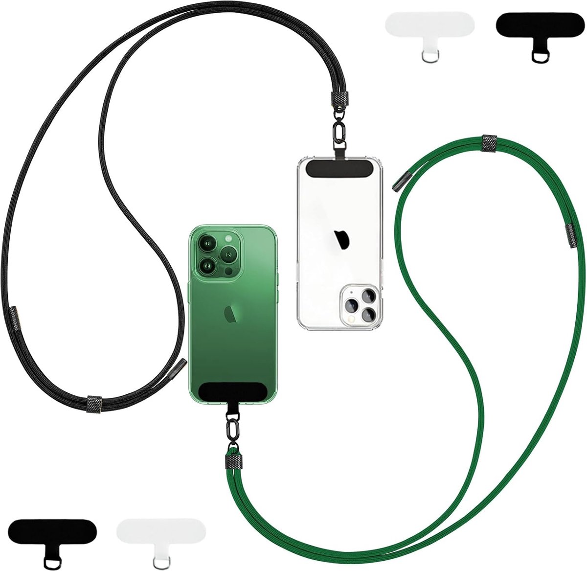Telefoonketting Universeel - 2 Stuks 4 Pads,160cm Nylon,Sleutelband,Verstelbaar en Afneembaar.(Zwart + Groen)