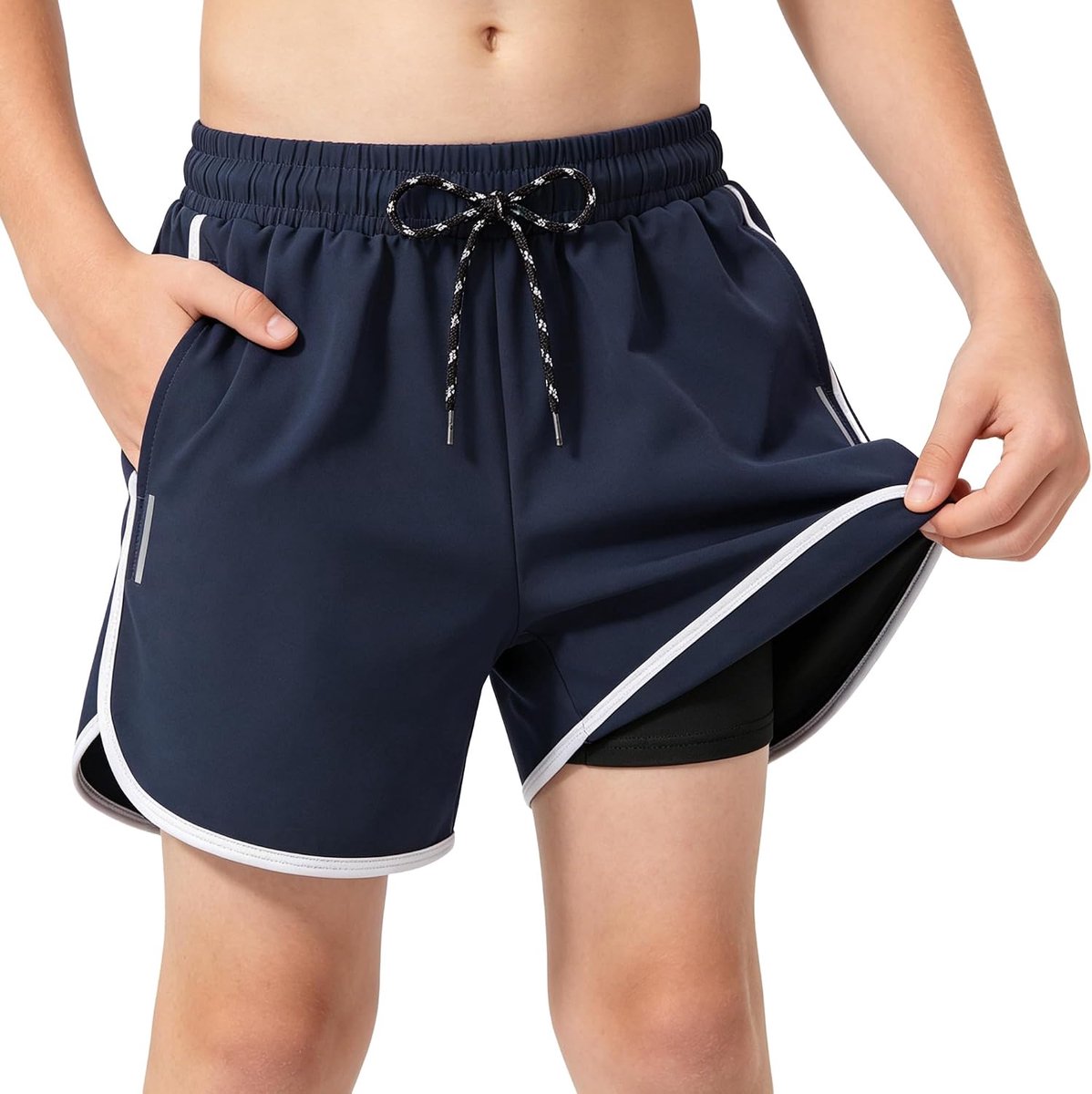 Jongens Korte Zwemshort met Vetersluiting Zwemshort Gevoerde Zakken Meisjeszwembroek Reflecterende Strepen Zwemkleding Strand Zwembad Surfen Zwemkleding voor Tieners 7-16 jaar